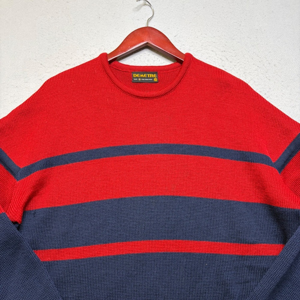 Demetre Sweater Mens XL Red Navy Striped Pure Virgin Wool Vintage 90s Distressed - Picture 2 of 11